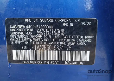 2020 Subaru Wrx Sti из США, поврежденный, VIN JF1VA2E60L9824176